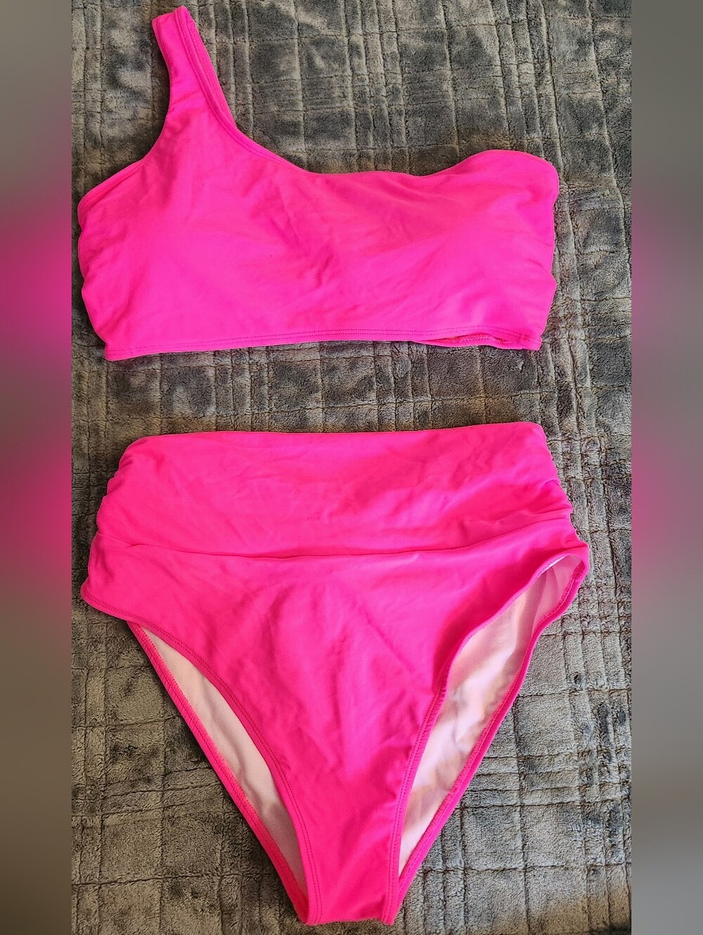Neon Pink 2 Piece High Waisted Bikini Set One Shoulder, Coverage, L